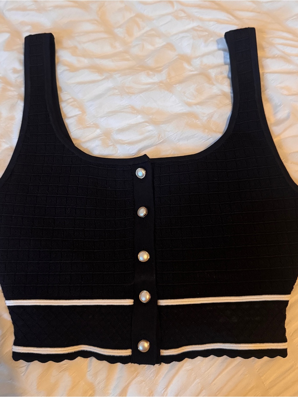 Aritzia Babaton Black Knit Button Front Crop Top with Pearl Buttons